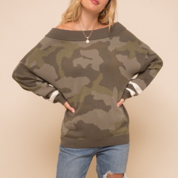 Cozy Olive Off Shoulder Camo Sweater Top - Picture 3 of 7